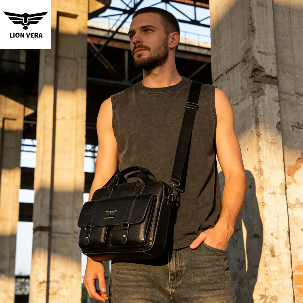 LION VERA Bolsa masculina de couro genuíno, bolsa de negócios casual para viagens, bolsa portátil de ombro transversal, bolsa para laptop de 15,7 polegadas