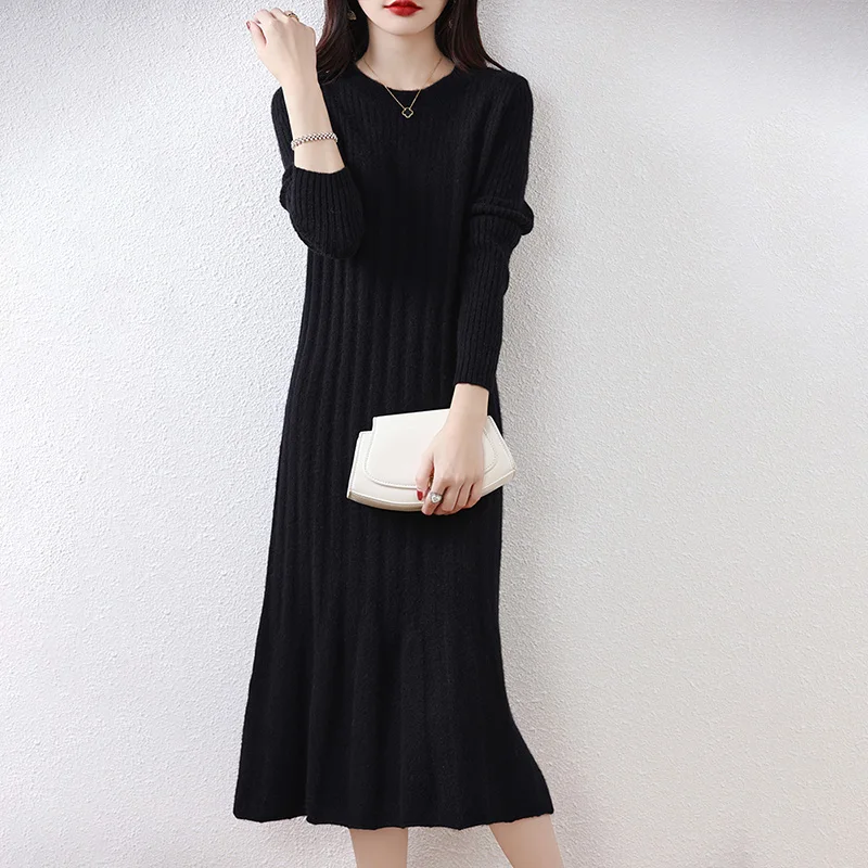 Elegant O-neck Slim Fit long Sweater Dress 100% Merino Wool Women Striped knit Spring Autumn Winter dress female A-line Dress - Image 3
