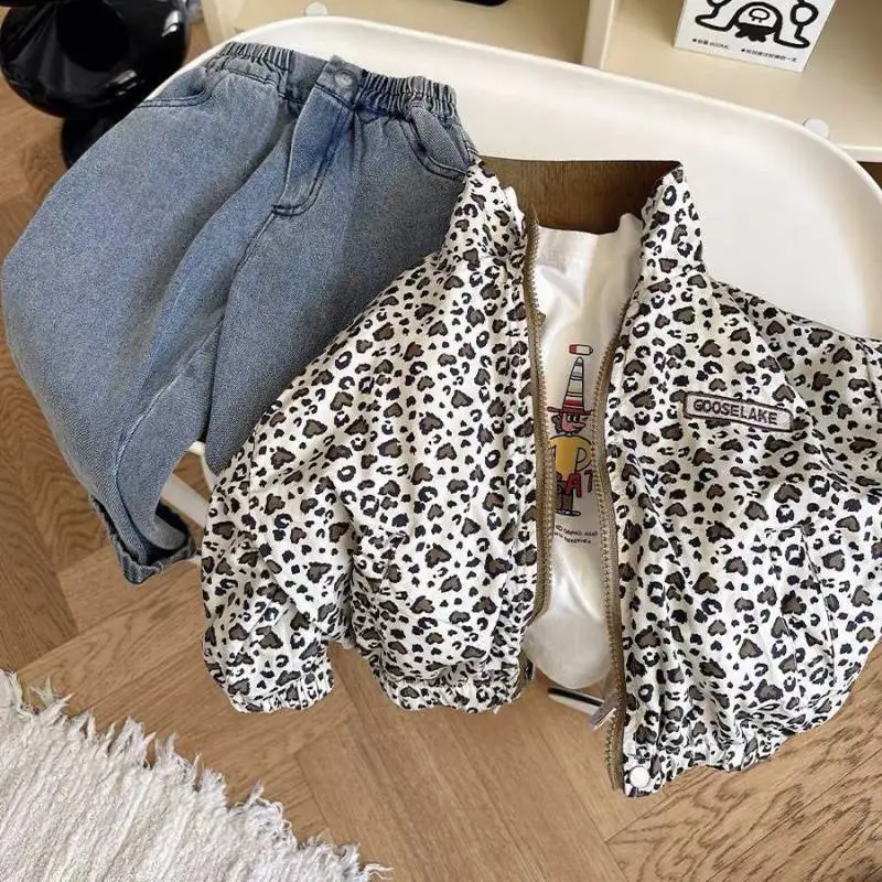 Children Spring and Autumn New Jackets Boys and Girls Fashion Leopard Pattern Coat Double Sided Wear Children Clothing Trendy