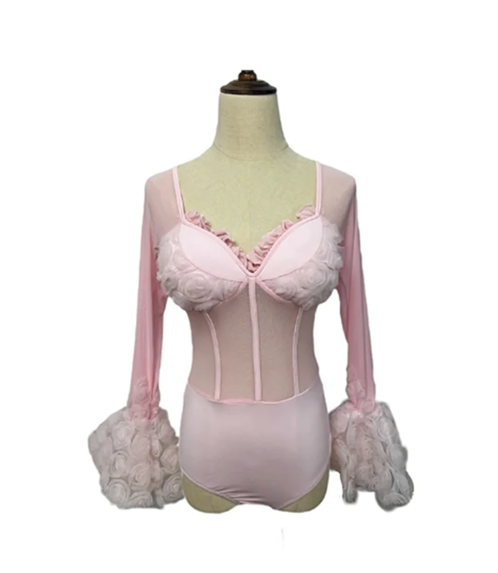 

Rose Ballroom Dance Clothes Pink Black Mesh Bodysuit Tango Waltz Dancing Stage Costume Standard Dancing Performance Wear