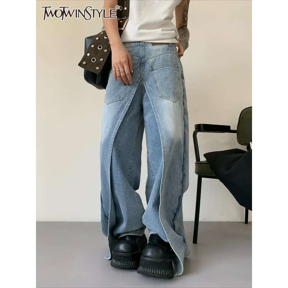 TWOTWINSTYLE Solid Fashion Loose Spliced Pockets Jeans for Women Patchwork Irregular Denim High Waisted Wide Leg Pants Female