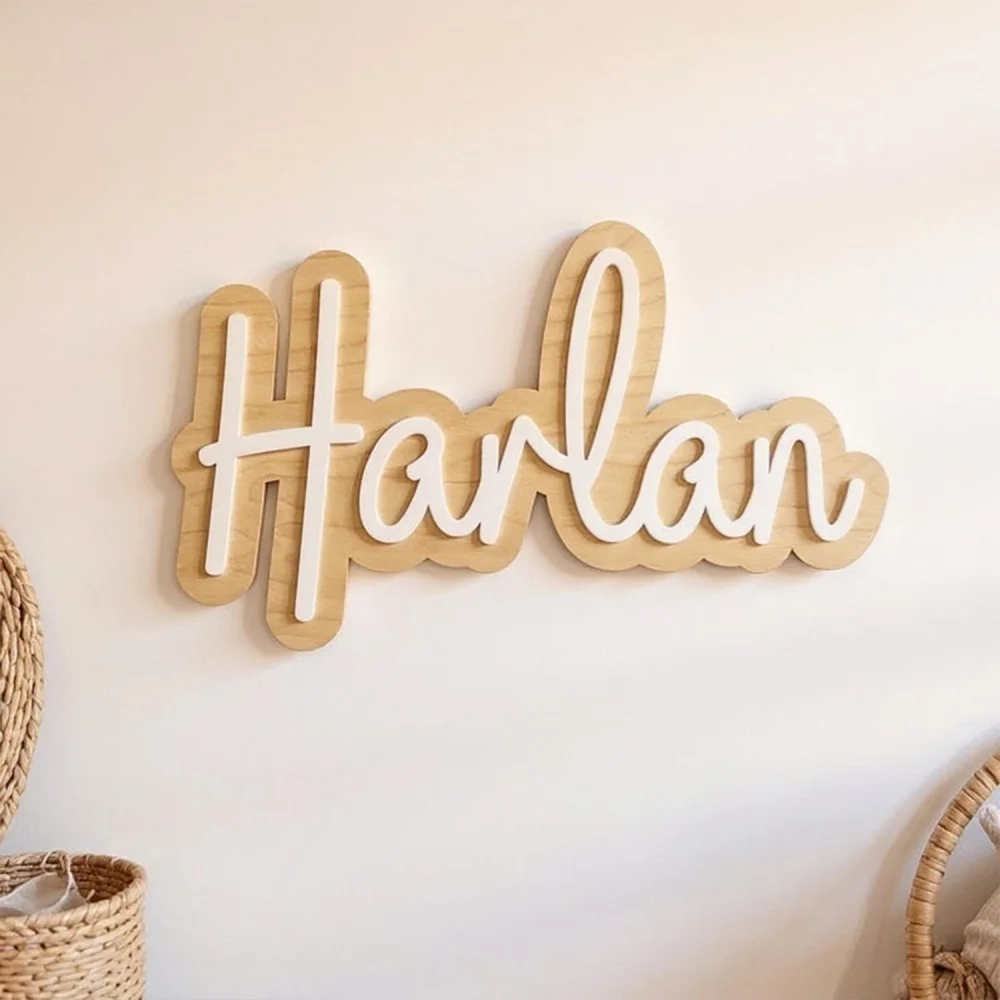 Custom Wavy Border Wooden Name Plaque, Personalized Double Layer Name Sign for Wall Decor, Custom Baby Shower Wood Gift