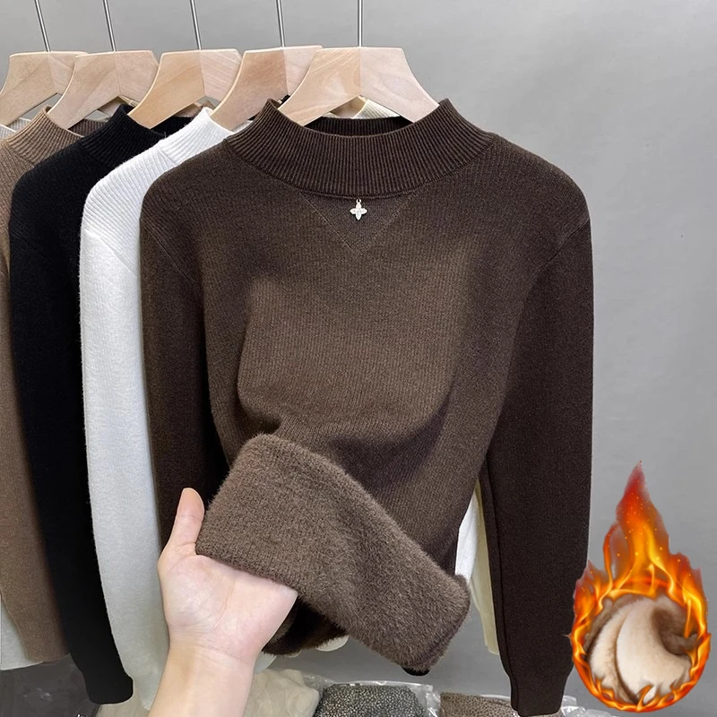 Zjaiss 2025 الخريف الشتاء الدافئة قاعدة طبقة المرأة صوف مبطن سميكة محبوك سترة قطعة واحدة الصوف بلوفر مغزول #3