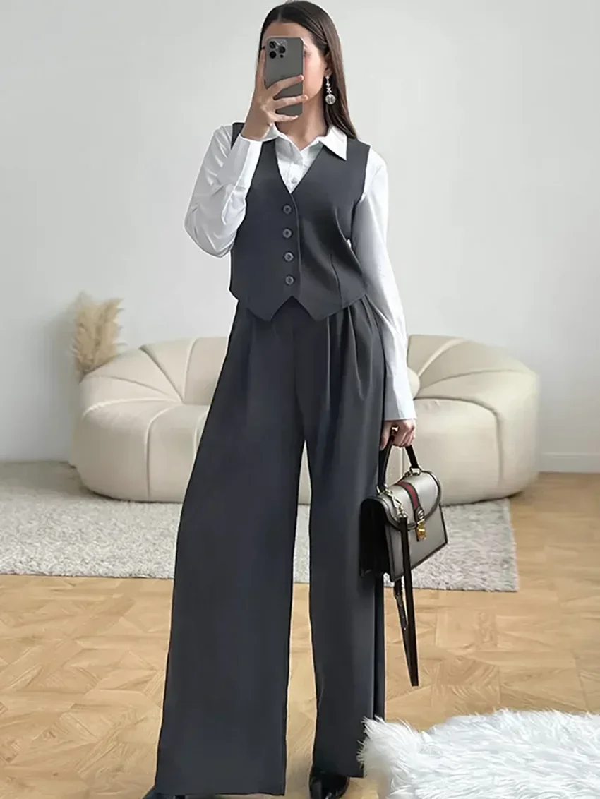 Brown Office Ladies Pants Suits Two Pieces Blazers Vest Business Outfits Women High Waist Trousers Solid Sets 2024