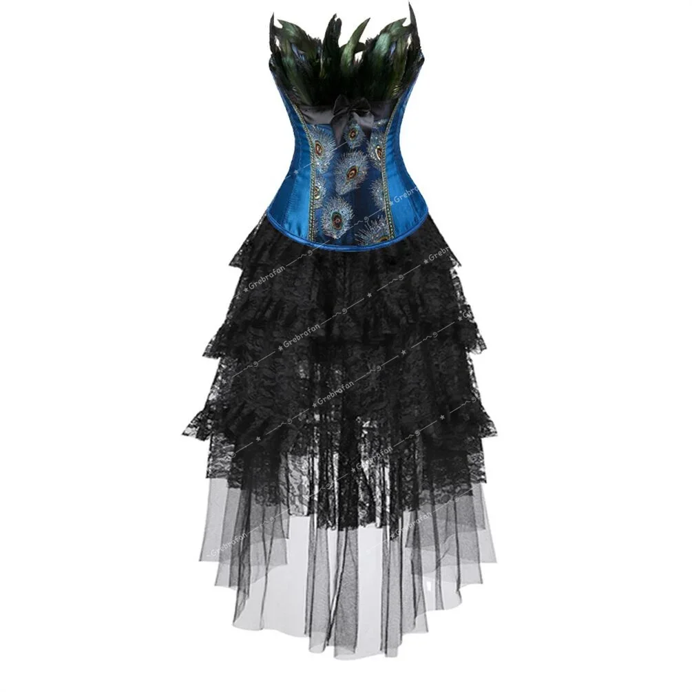 Corset Dress Peacock Bustier Pirate Corsage with Skirt Women Basque Carnival Costume Gothic Party Night Outfits Plus Size