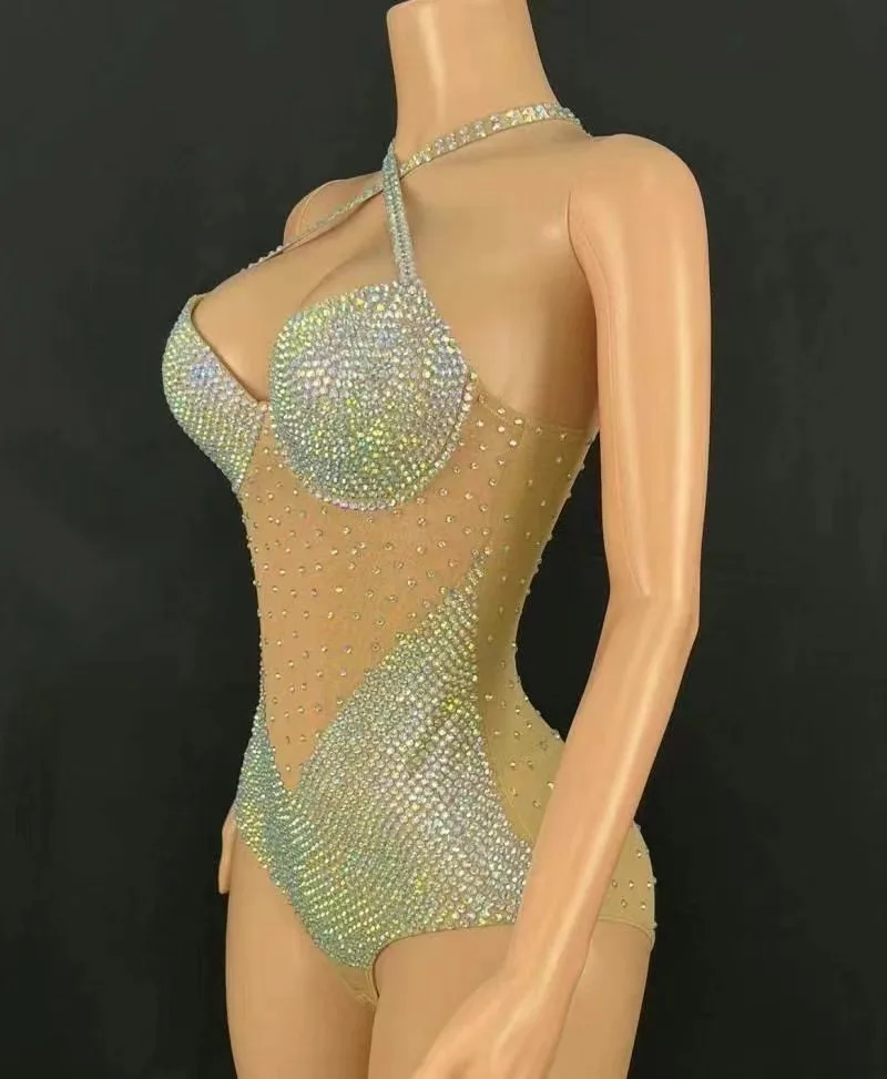 Huidskleur jumpsuit volledige diamant gogo bar bal feest diner jurk verjaardag luxe flash
