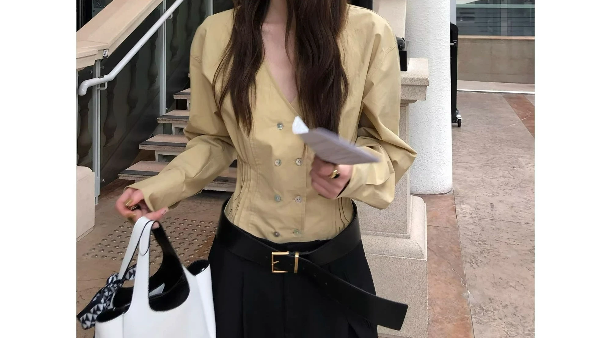 2026 Yellow V-neck Shirt Women's Spring and Summer Double-breasted Shell Buckle Pinch Pleated Waist Design Shirt