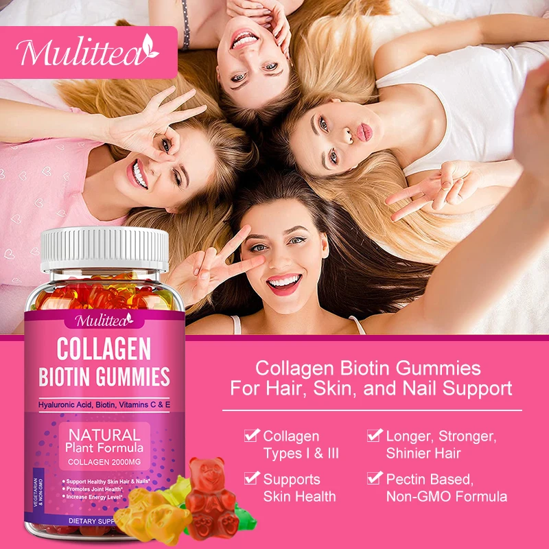 Mulittea คอลลาเจน gummies พร้อมไบโอตินสำหรับการดูแลการเจริญเติบโตของเส้นผมทำให้ผิวกระจ่างใสและผิวที่ไฮโดรไลซ์ช่วยให้ข้อต่อกระดูกเล็บ