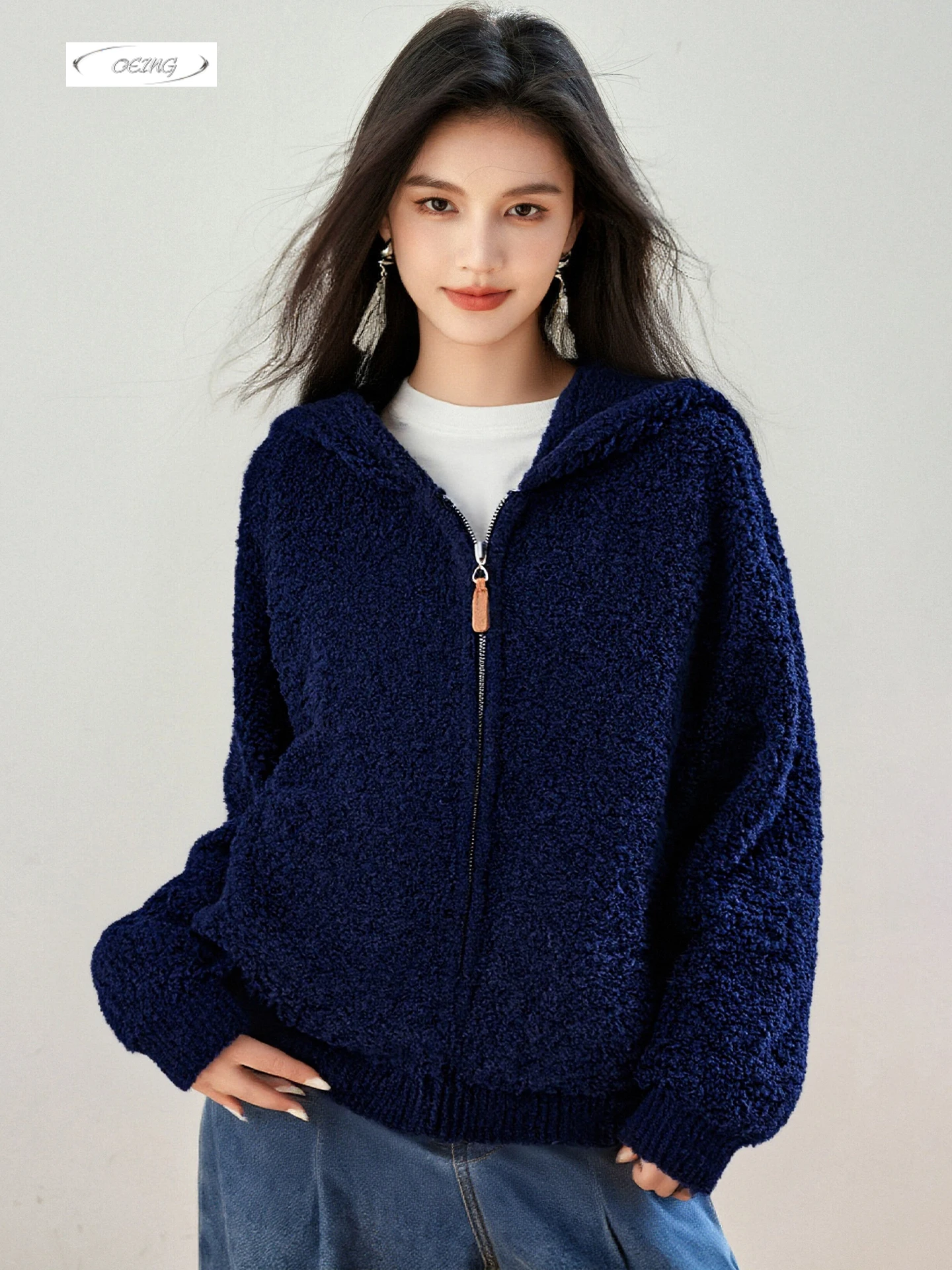 

Autumn Winter Thick Hooded Zipper Sweater Knitted Cardigan Women Fashion Elegant Warm Long Sleeve Loose Jacket Coat Female 6039