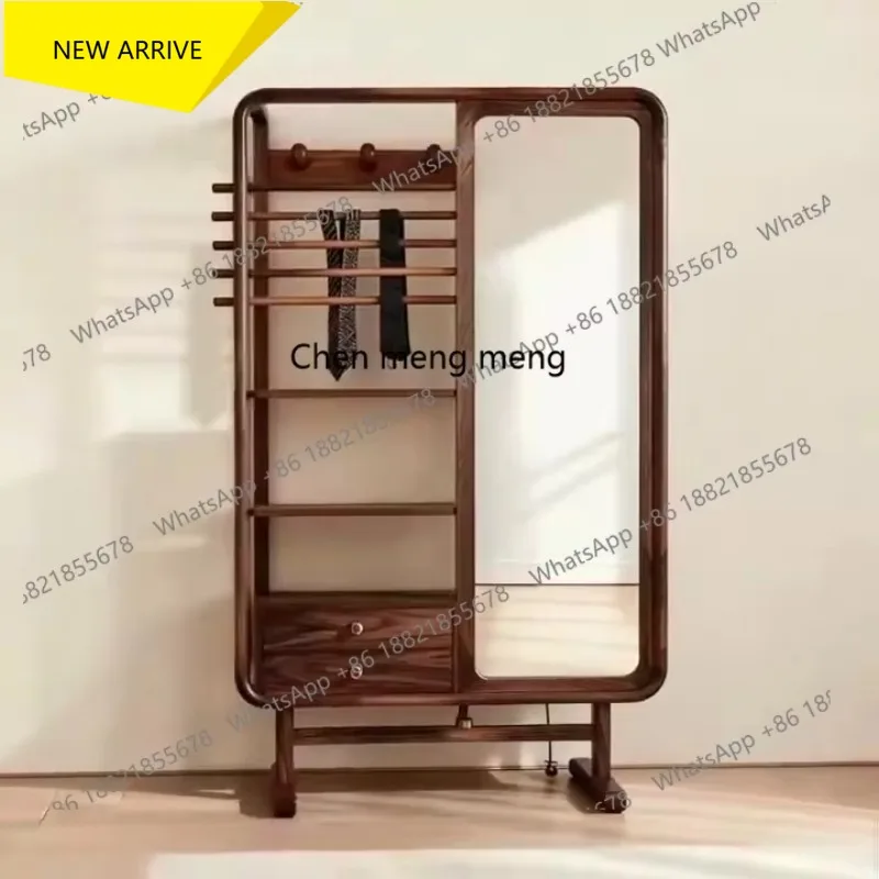 

M138 Black Walnut Solid Wood Clothes Rack Bedroom Floor-standing Coat Rack Mirror Integrated Living Room Household Storage Rack