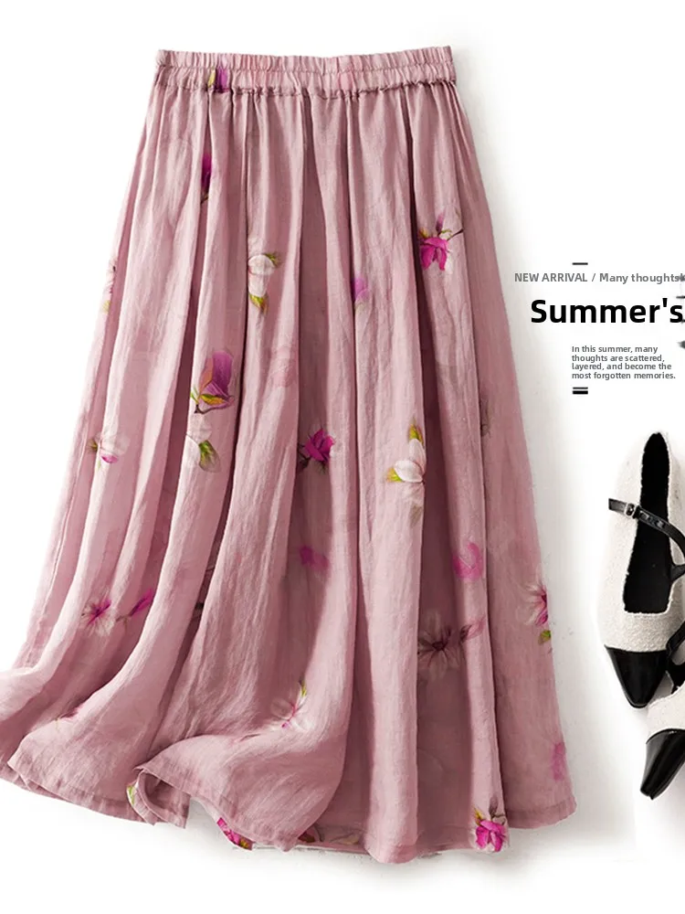 

Новая китайская хлопково-льняная юбка с цветочным принтом, женская летняя свободная юбка-зонтик трапециевидной формы с эластичной резинкой на талии