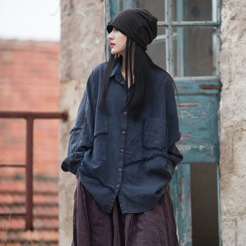 

Новая весенняя женская рубашка 2026 года из рами и хлопка, с эффектом stonewash, с начесом, больших размеров, винтажная, свободного кроя, с пэчворком, асимметричная, из льна