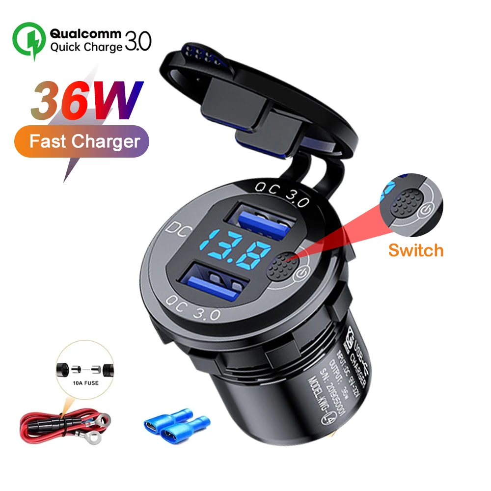 

Dual QC3.0 Car Charger Cigarette Lighter Socket Aluminum alloy Waterproof Power Outlet with Voltmeter Switch for Boat SUV Sedan