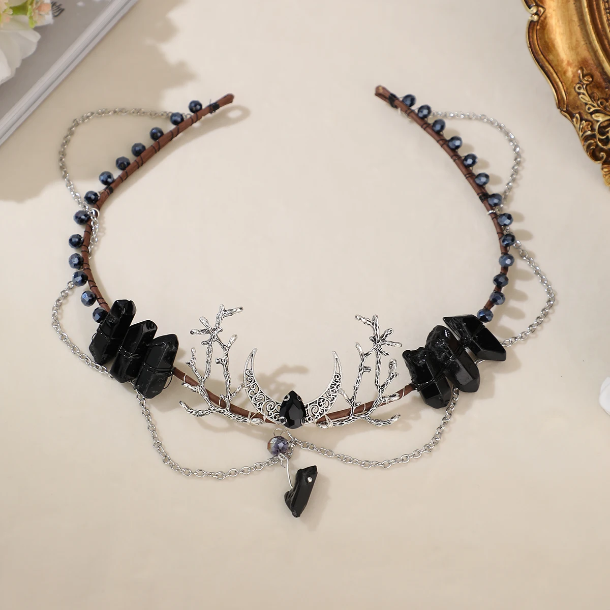 Baroque Vintage Black Natural Stone Tiaras Headbands For Women Moon Crystal Rhinestone Hairbands Wedding Hair Accessories image 2