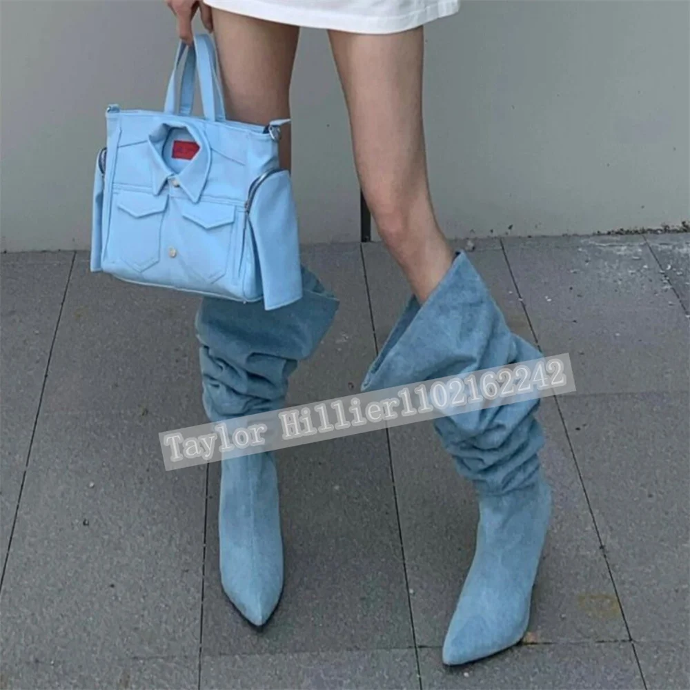 Springtime Blue Denim Pleated Slouch Shoes Women'S Pointed Toe Stiletto Boots Fashion Party Runway Boots Zapatos Mujer 46