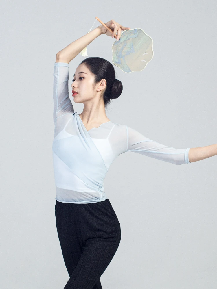 Adult Women's Blue Black Ballet Dance Practice Suit Classical Mesh Clothing Chinese Costume Dance Top