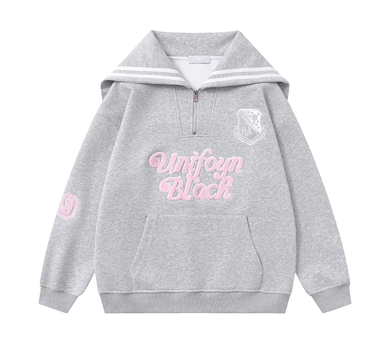 2025 Spring and Autumn New Japanese Style Sweet Navy Collar Long Sleeve Women's Hoodie Gray English Print Design Loose Top