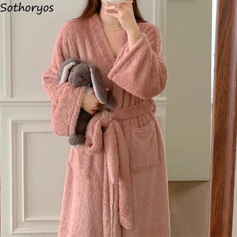 Winter Coral Fleece Robes Women Baggy Warm Plus Velvet Thicker Simple Homwear Casual Students Fashion Daily Sleepwear Ulzzang