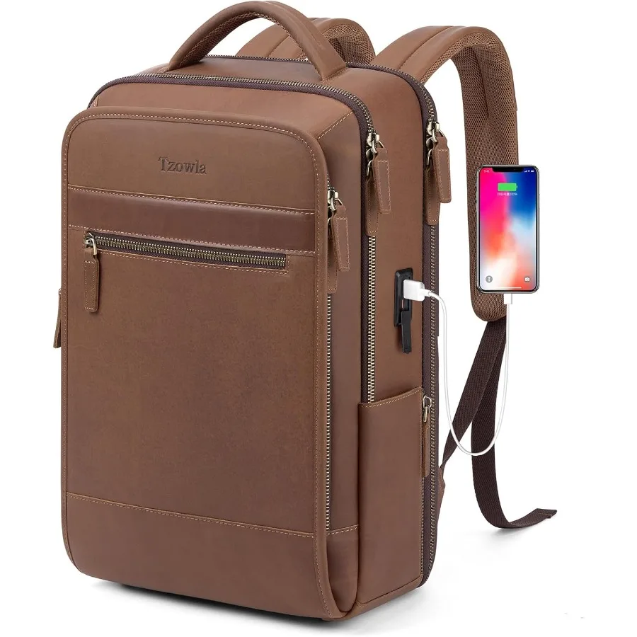 حقيبة ظهر للكمبيوتر المحمول من الجلد من Tzowla للرجال والنساء حقيبة ظهر للعمل والسفر تناسب حقيبة الكمبيوتر المحمول مقاس 15.6 بوصة مع USB و T #1