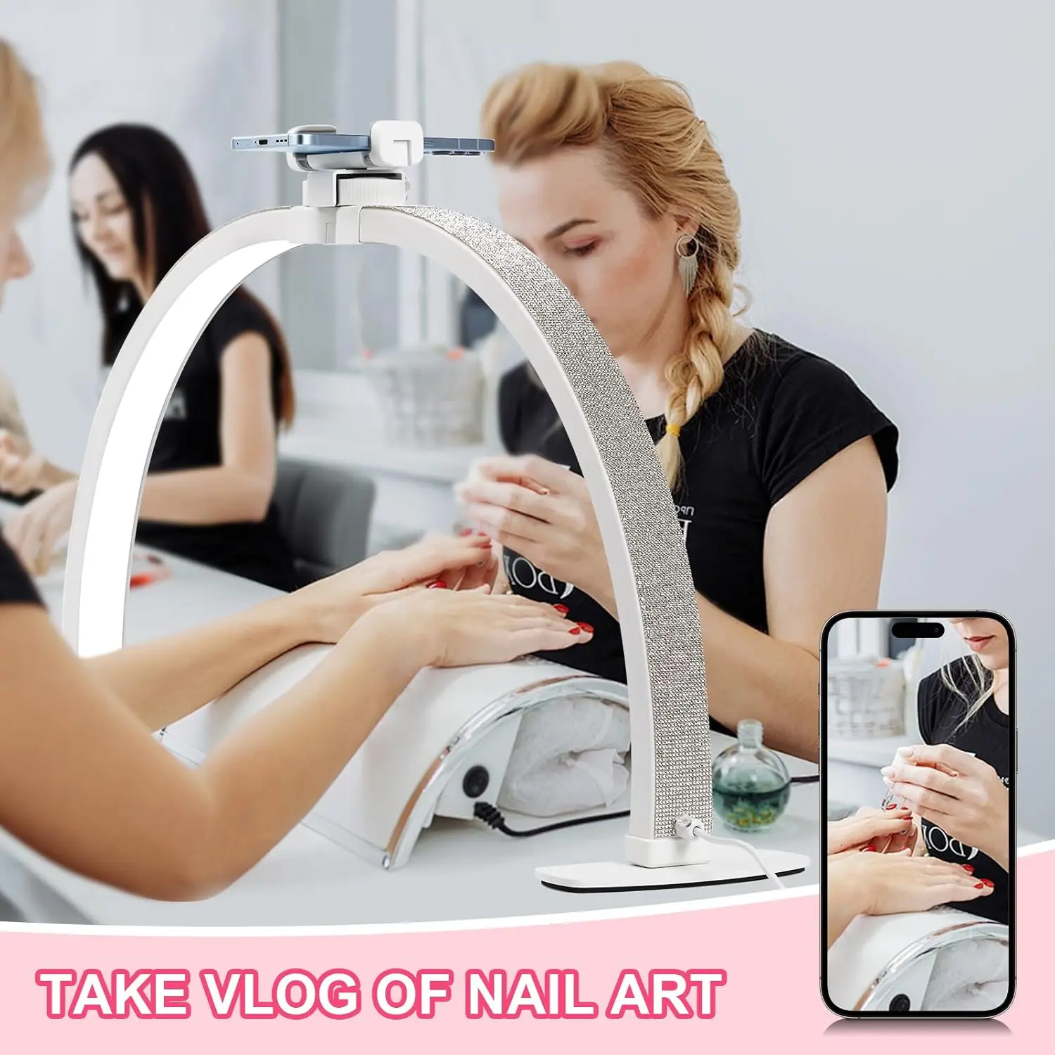 ترقية 29 بوصة ضوء نصف قمر قابل للطي مع حامل هاتف، يعتم ستبليس ودرجة حرارة اللون لمكتب الأظافر