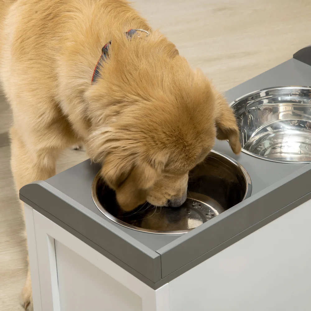 PawHut Dog Feeding Station with Storage Drawer, 2 Removable Elevated Bowls for Large Dogs, White view 7