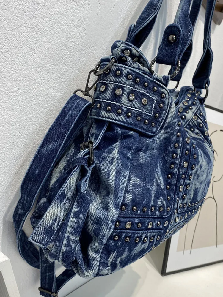 Nuova borsa a tracolla di grande capacità Harajuku borsa in Denim donna High Street Casual borse a tracolla singole rivetti Vintage Tote Casual