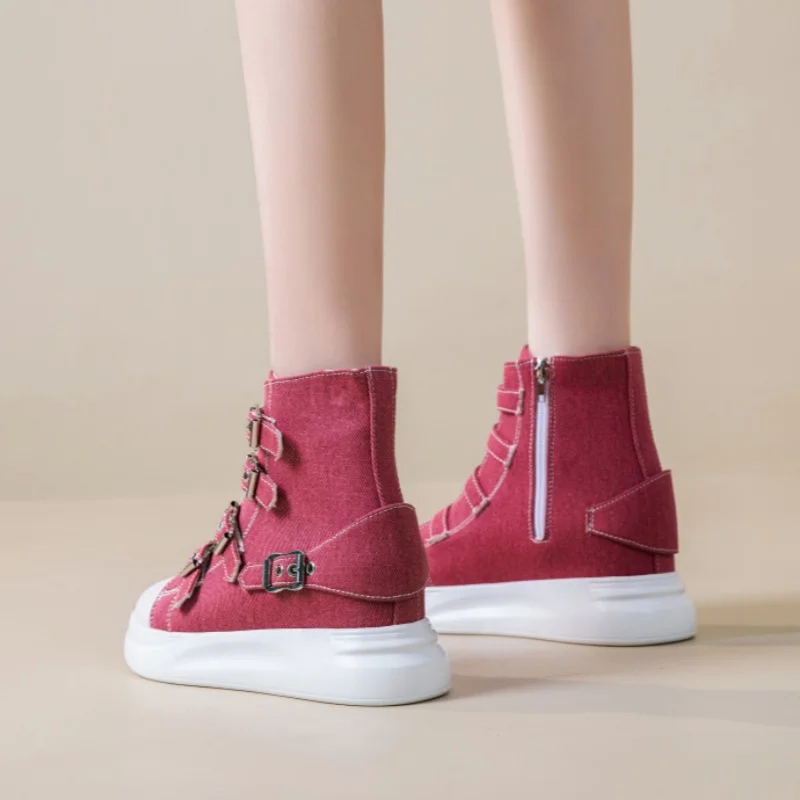 Spring new round toe thick sole short tube high-top canvas boots casual buckle inner height increase large size flat women shoes