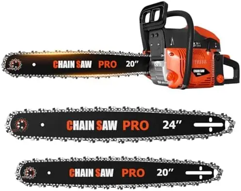 62CC Gas Chainsaw, Professional Chainsaw with 2-Stroke Engine, 20inch & 24inch Chain Saw Bar, Ergonomic Non-Slip Handle