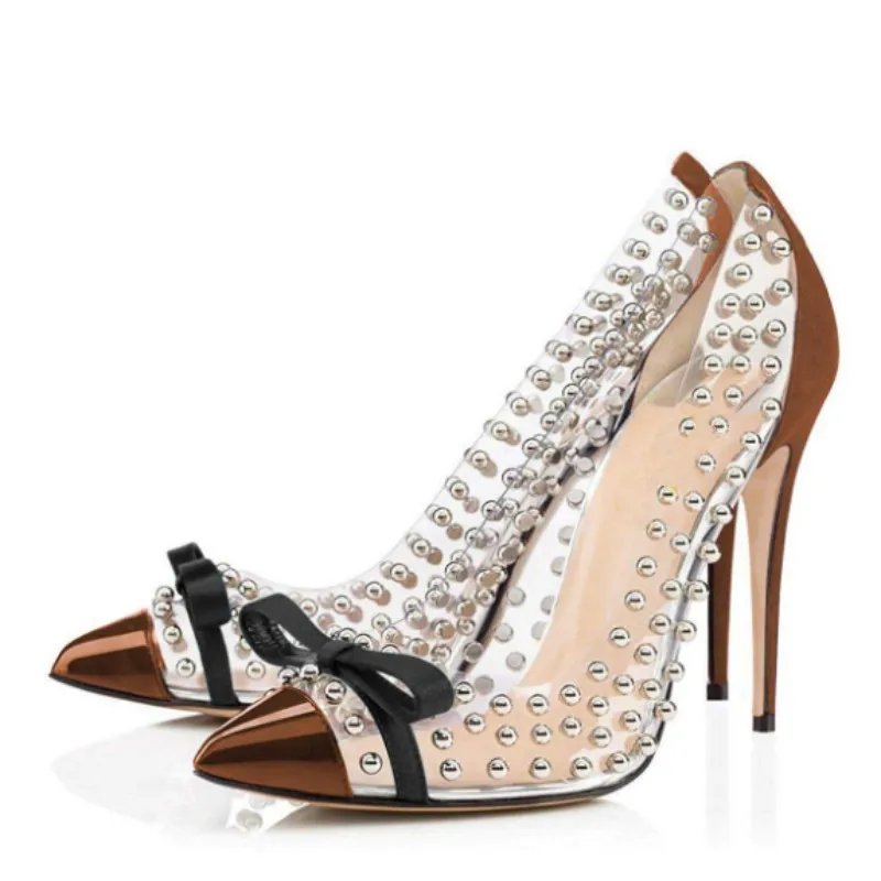 

DIZHUANG Fashionable women's high heels. Multi colored single shoes. About 11cm heel height. Pointed toe bow rivet shoes.34-46