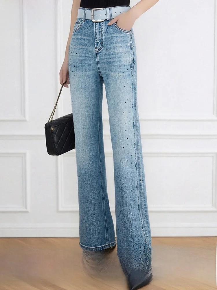 

Blue High Waist Draped Wide Leg Jeans Women's Summer Casual Straight Cut Jeans Loose Fit Slimming High Waist Denim Pants