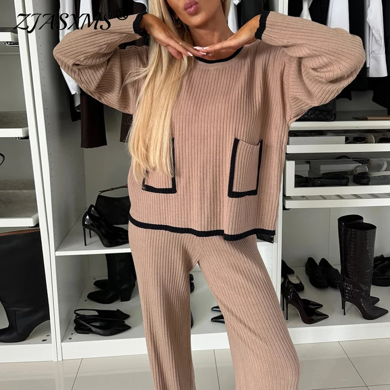 Fashion Contrast Color Two Piece Sets for Women Elegant O Neck Top Pullover & Split Pants Outfit Autumn Winter Rib Straight Suit