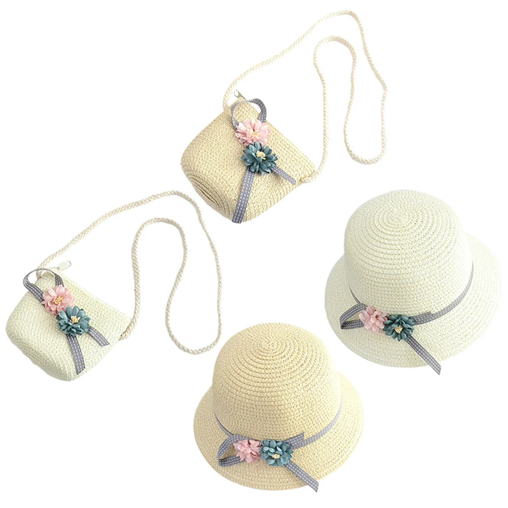 

2Sets Kids Straw Hat Bags Set Flower Elegant Design Girls Crossbody Purse Lightweight Breathable Summer Outdoor Storage