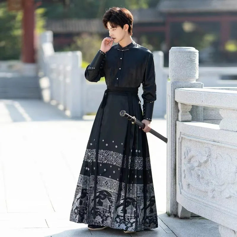 Large Size 4XL Hanfu Horse Face Skirt Men Chinese Traditional Weaving Gold Hanfu Pleats Skirt Black Sets Cloak Plus Size 3XL