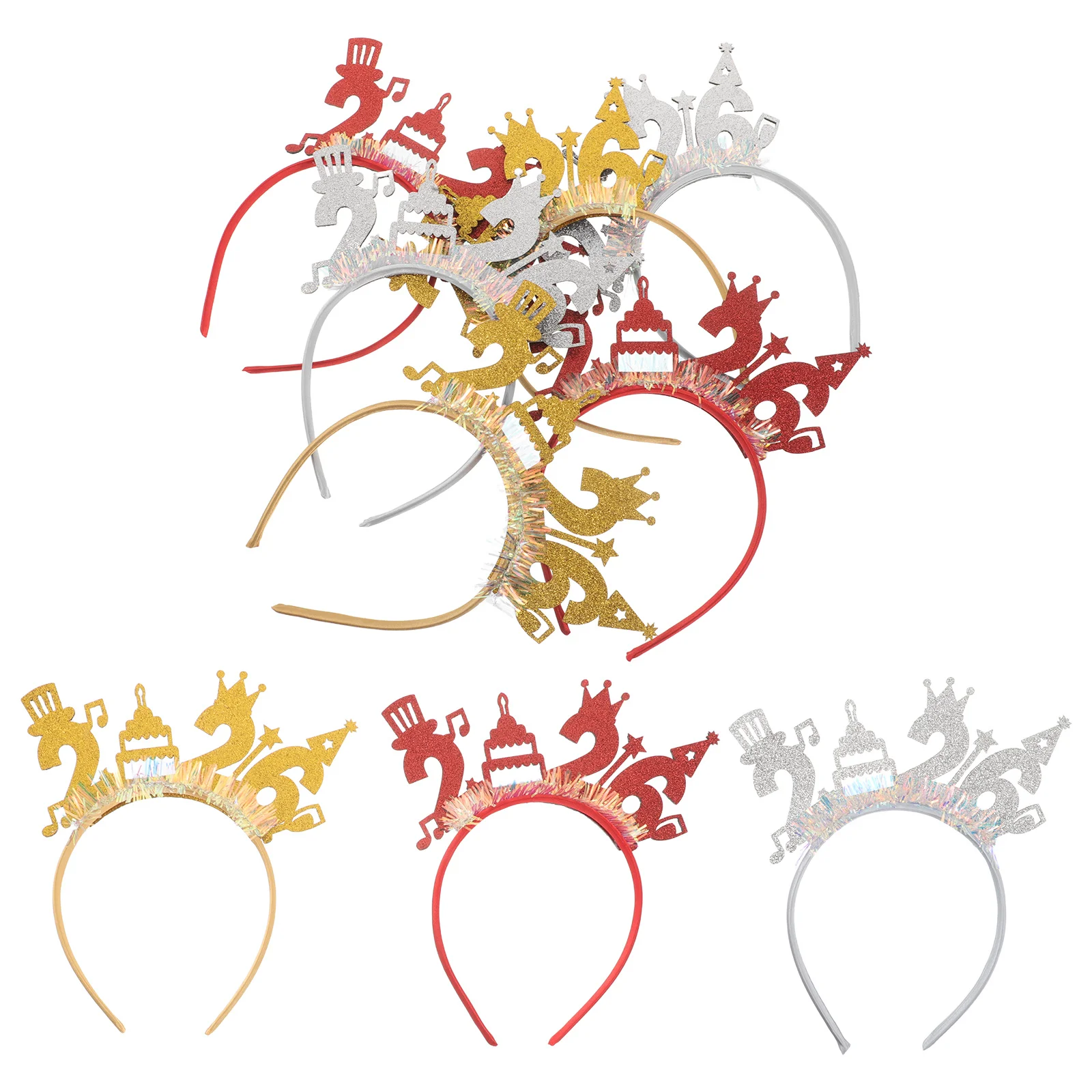 

9Pcs New Year Hair Accessories 2026 Felt Cloth Glitter Party Hair Hoops Photo Props Gold Red Silver New Year Outfit Women