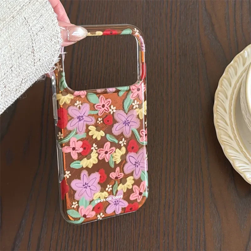 Double Layered Retro Brown Base Oil Painting With Flowers Phone Case For iPhone 17 Air 16 15 14 Pro Max 13 Anti Scratch Ins Y2K