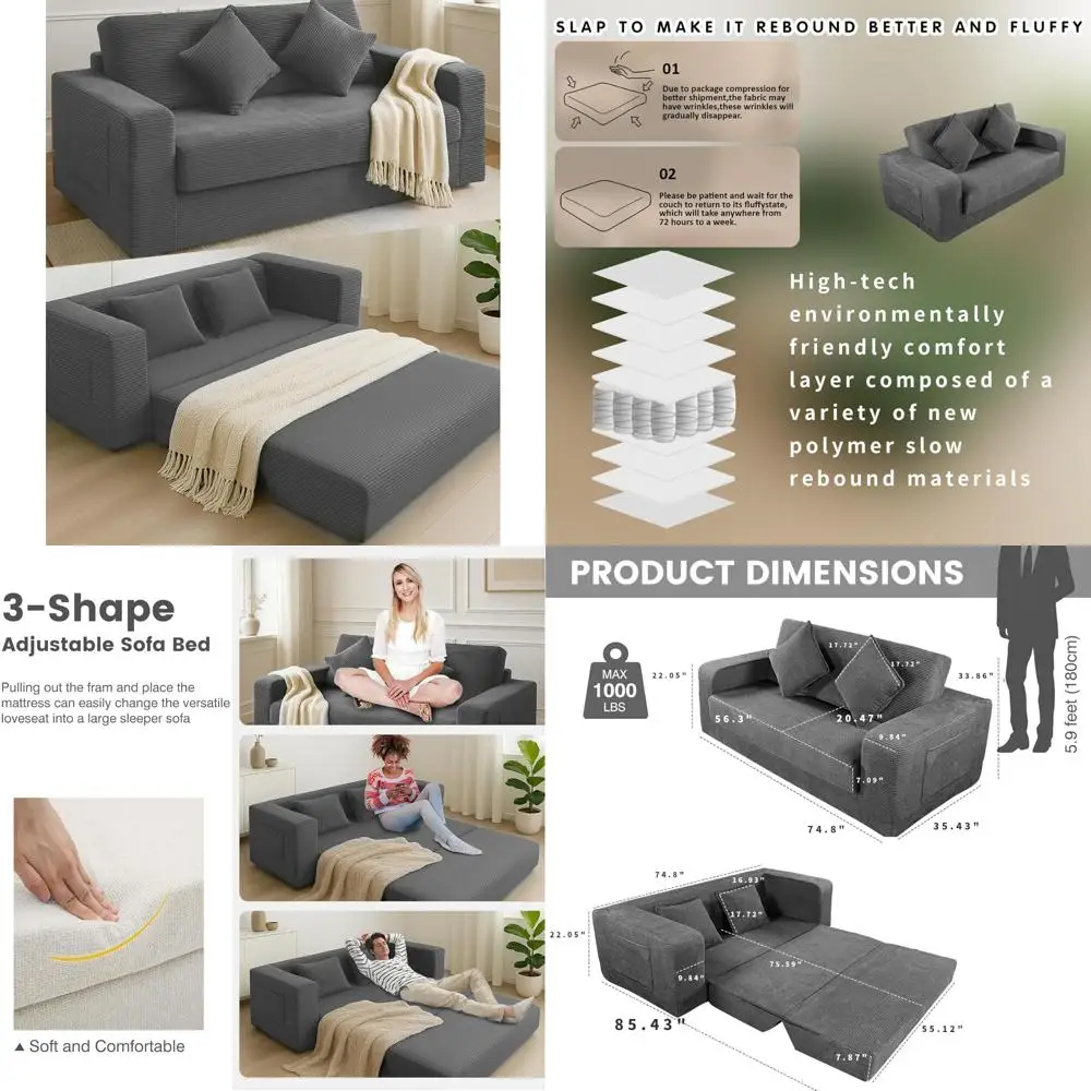 Convertible Sofa Bed with Memory Foam, 2-Seater Couch for Living Room and Bedroom, Easy Assembly and Portable