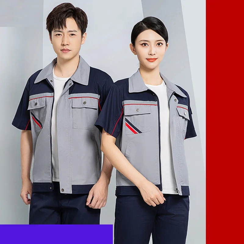 Summer Fashion Work Clothing Anti Static Worker Coveralls Short Sleeve Contrast Color Multi Pockets Breathable Factory Uniform