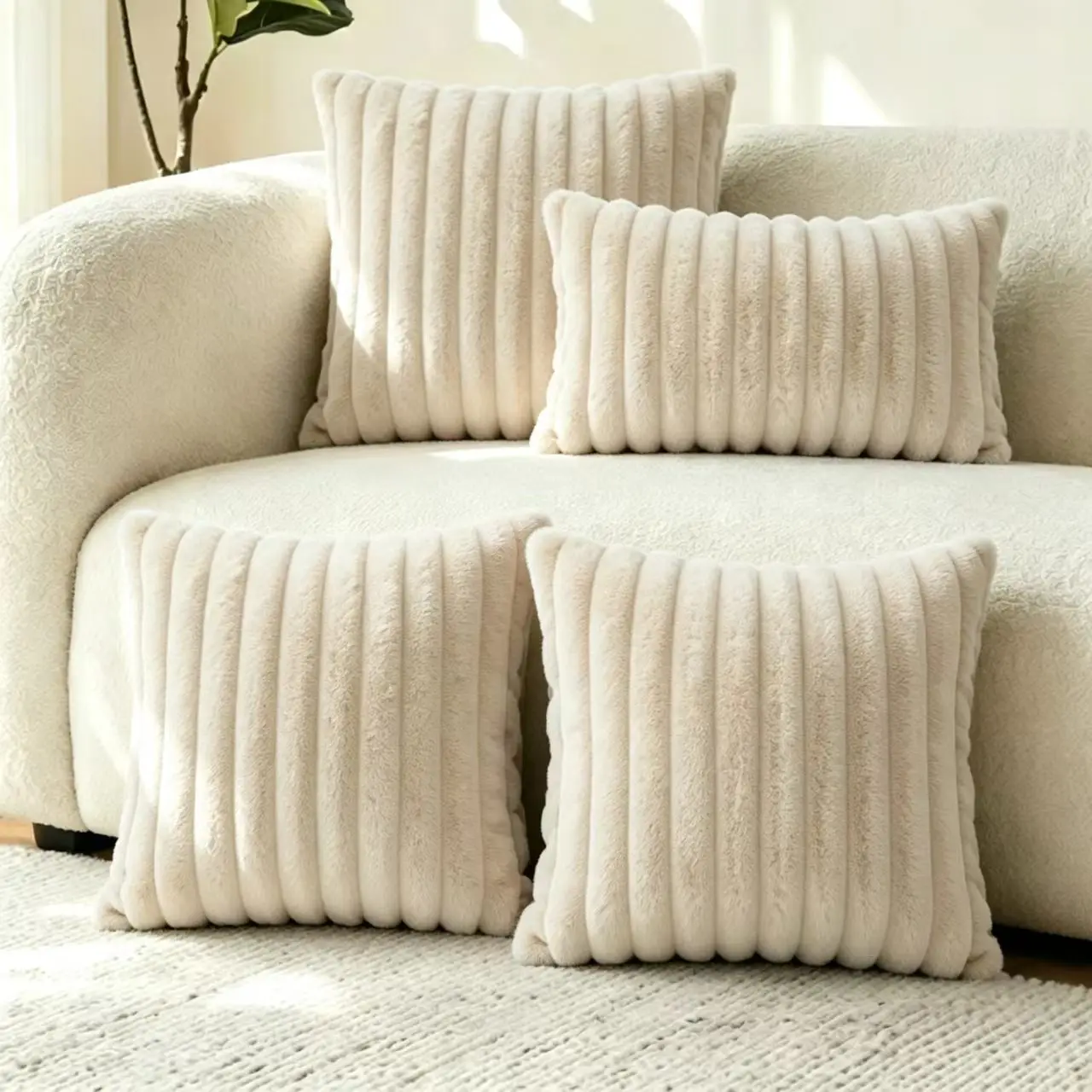 3Pcs Square 1Pcs Long Striped Fuzzy Pillow Covers Plush Decorative Cushion Covers for Couch Living Room Without Inserts