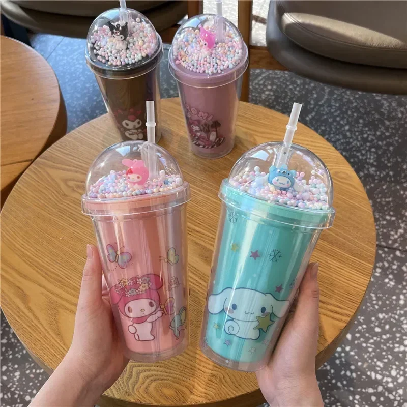 Sanrio Water Bottle Kawaii Cinnamoroll Kuromi Double-layer Plastic Cup Portable Sports Mug Summer High Capacity Outdoor for Kid