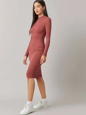 Women's Dusty Rose Ribbed Bodycon Midi Dress, High Neck Long Sleeve Casual Dress, Streetwear - view 4