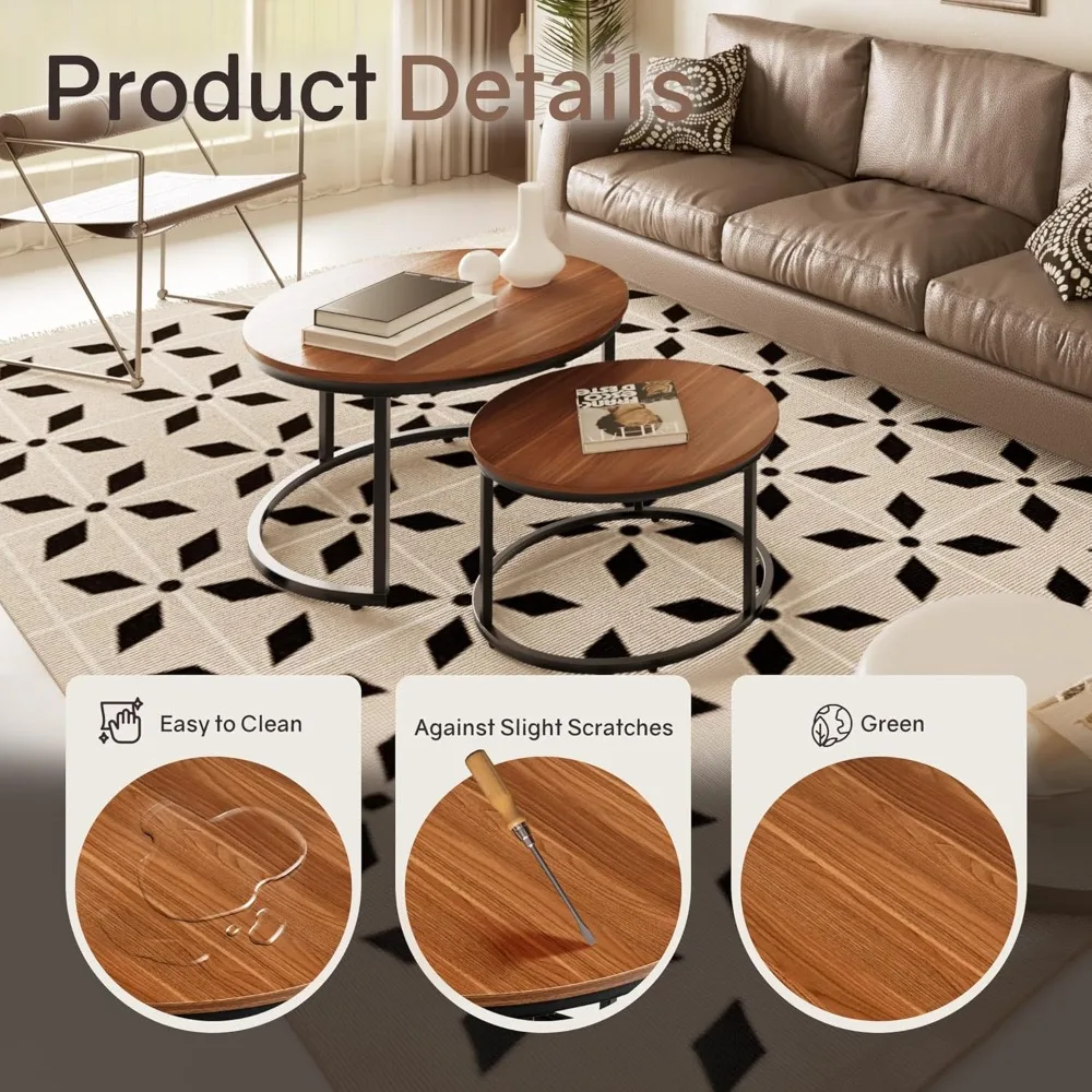 مجموعة طاولات متداخلة مكونة من 2، طاولة قهوة مستديرة 31.5، طاولة قهوة صغيرة متداخلة مع رسوم قابلة للتعديل غير قابلة للانزلاق، سطح من الخشب المحبب