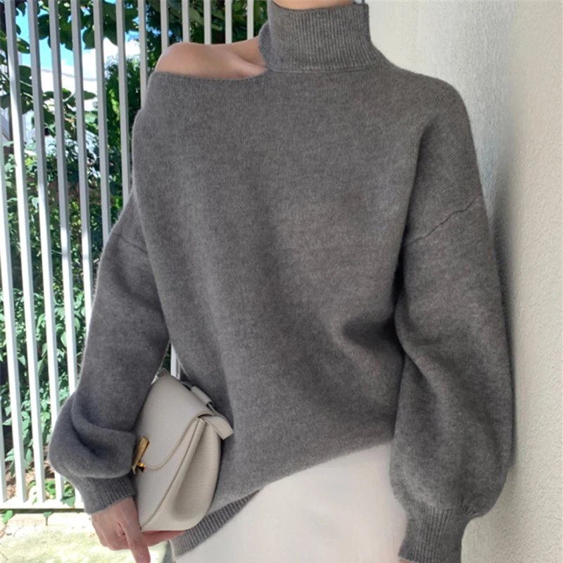 EVNISI Autumn Women One Shoulder Hollow Out Sexy Sweater Turtleneck Long Sleeve Knit Pullovers Women Loose Causal Sweater Winter