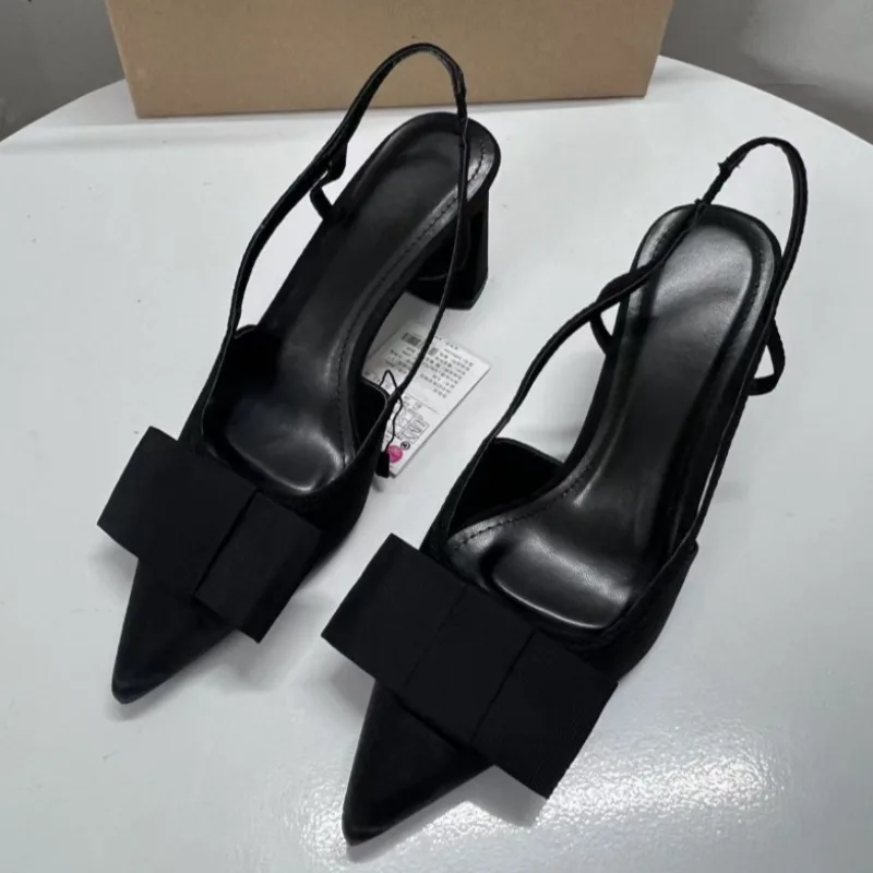Pointed Toe Women\'s Office Shoes 2025 Spring Black Retro Bow Decoration High Heels Shallow Slingbacks Elegant Ladies Pumps