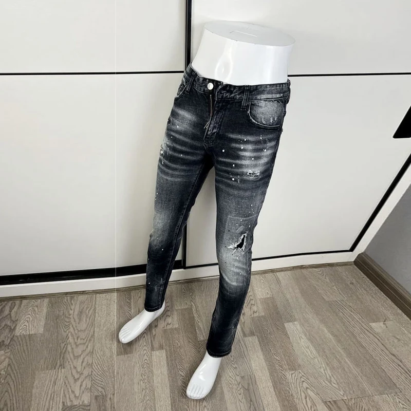 Jeans da uomo di moda di strada di alta qualità retrò nero grigio Stretch Slim Jeans strappati da uomo pantaloni di Jeans Vintage di marca firmati dipinti