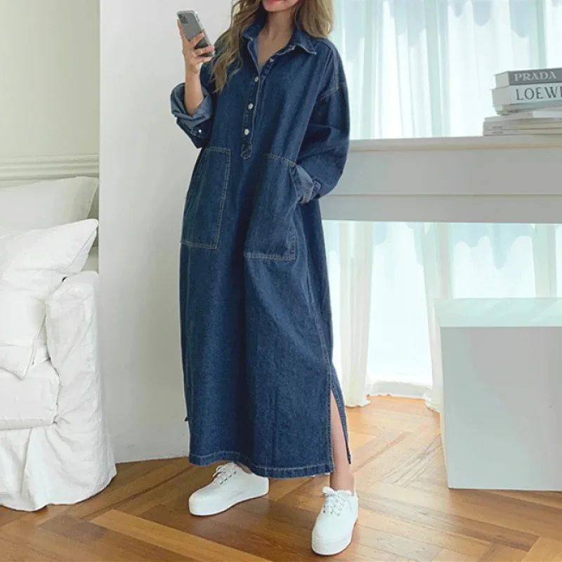 2025 Fashion Women's Autumn Long Sleeved Denim Shirt Dress Button Pocket Jeans Casual Loose Women's Street Wear Denim Robe Dress