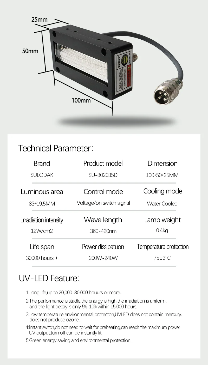 200-240W 80*20 MM Water Cooled  UV LED Curing Lamp 395 NM UV LED Ink Pre-Curing and Drying for Inkjet Printers; Ricoh G5 and G6