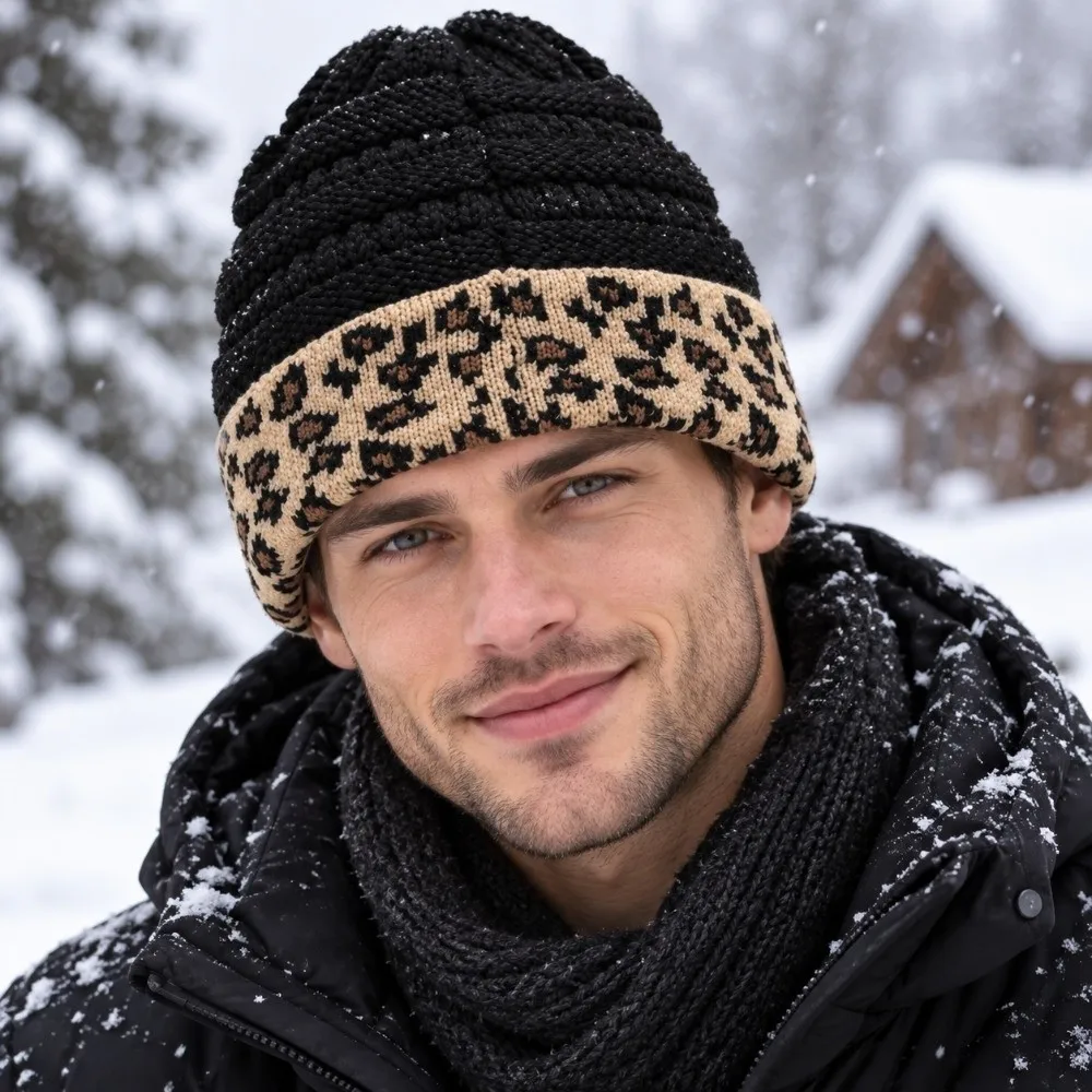 Patchwork Beanie Thickened Leopard Beanie Patchwork Thermal Fleece Lined Cap Soft Y2K Warm Skullcap Couples