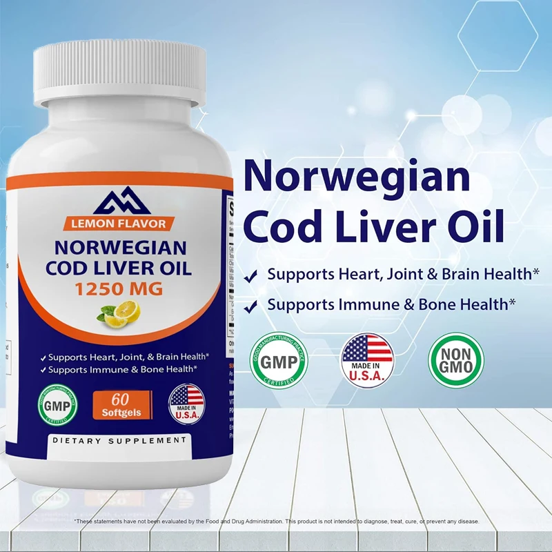 

Norwegian cod liver oil 1250mg 60 capsules vegetarian soft capsules (lemon flavor) natural vitamins A, D, and E immune function