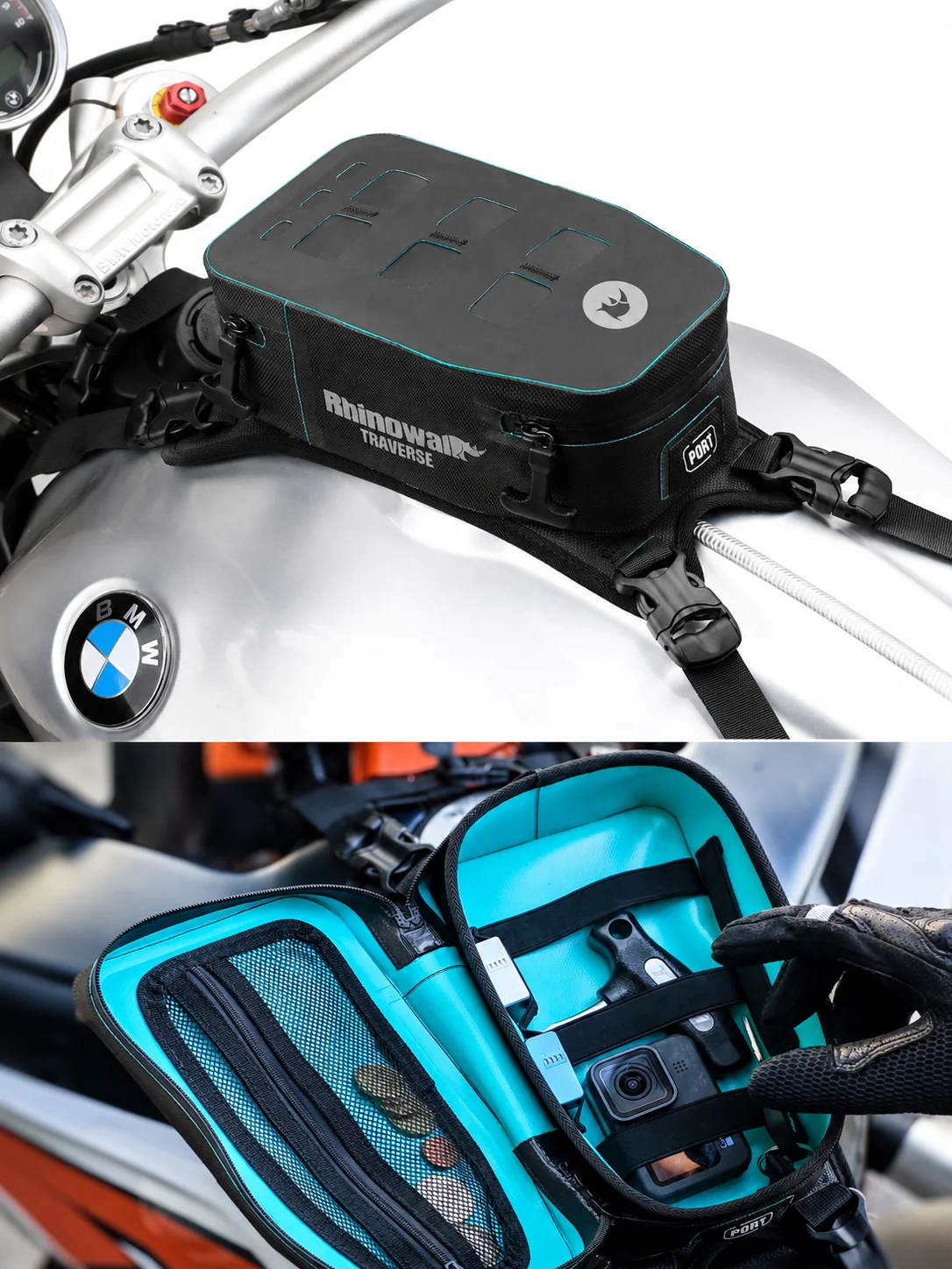Rhinowalk Motorcycle Waterproof Tank Bag 2L Universal Fuel Tank Bag with MOLLE Panel Cable Port Reflective Quick Release for ADV