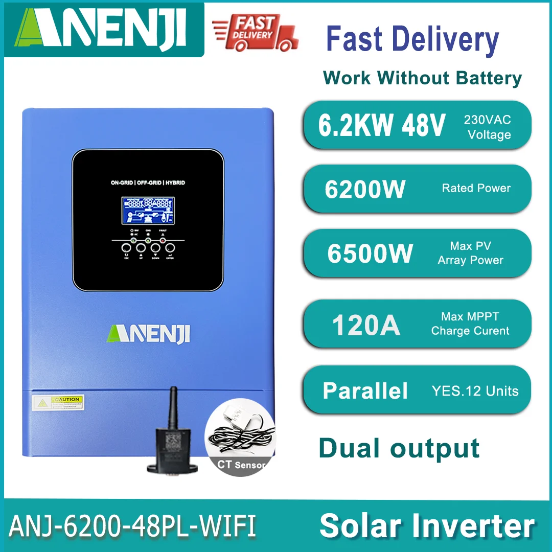 

6.2KW Hybrid Solar Inverter MPPT 120A 230V Pure Sine Wave Solar Charge Controller PV 500VDC Parallel 1phase or 3phase with WIFI